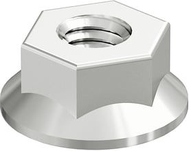 Wibe Defem flangemøtrik M8 FZV med sølvfarvet, galvaniseret overflade, set skråt ovenfra med flange og synligt gevind.