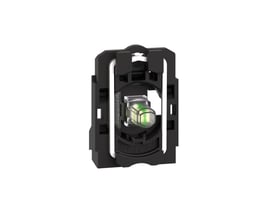 Schneider Electric universal lampekrop med grøn LED, vist isoleret med fokus på den sorte plastramme og synlige mærkninger.