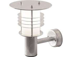 Trolle væglampe i galvaniseret stål med E27 fatning, Klasse I. IP44 og IK10-klassificering. Lampen har et rundt, diffust lys og et robust design til udendørs brug.