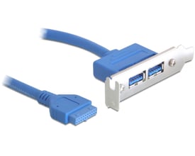 DeLOCK internt USB 3.0-kabel i blå med IDC20-stik og PCI-lavprofil-dækplade med to USB-A-porte, set skråt.