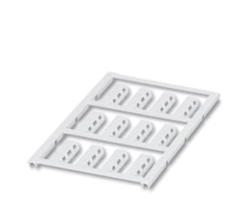 Nærbillede af et ark med Phoenix Contact UC-WMTBA kabelmærkeskilte, der viser detaljerne på hver 24 x 5mm hvide mærkat.