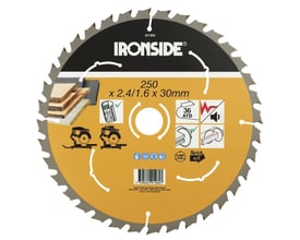 Ironside rundsavklinge til træ med sølvfarvede tænder og sort og gul mærkning; 250 mm, 30 mm hul og 36 tænder.