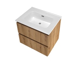 Sanibell Proline møbelsæt med 2 softclose skuffer i urban eg, viser det grebsfrie design og porcelænsvasken.