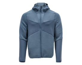 Mascot stenblå fleece hættetrøje med lynlås, vist forfra med fokus på detaljer som lynlås og panelelementer.