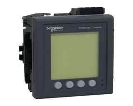 Schneider Electric PM5580 energimåler med grå front, baggrundsbelyst LCD-skærm og fire betjeningsknapper.