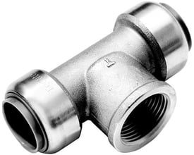 Roth T-stykke i rustfrit stål med 22 mm indstik til Pex-, CU- og rustfri rør samt 3/4" gevind.