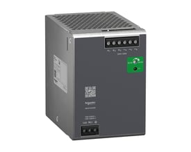 Lauritz Knudsen Modicon ABLS1A24200 strømforsyning i grå og sølv, med synlige terminaler og køleplade.