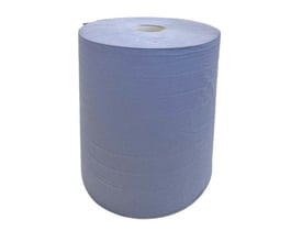 Blå værkstedsrulle i to lag papir med synlig papkerne, 29,5 cm i diameter og 350 meter på rullen.