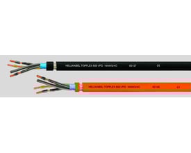 HELUKABEL TOPFLEX 600 VFD motorkabler i sort og orange med afskårne ender, viser kobberledere og mærkning.