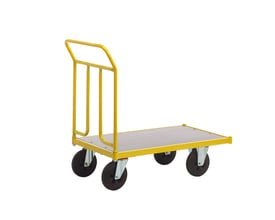 Ravendo Lagervogn TW1250M med gul ramme, mørkbrun bund og sorte massive hjul, vist på hvid baggrund.