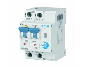 Eaton AFDD-20A kombiafbryder med to poler, C-karakteristik og 30mA fejlstrøm, hvid med blå og gule kontakter.