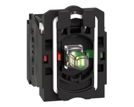 Detaljeret billede af Schneider Electric lampetrykskrop ZB5AW0B15 med hvid LED, viser kontaktblokken med 1NO/1NC kontakter og 24V mærkning.