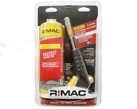 Nærbillede af Rimac MAP PRO blæselampe og gasdåse, fremhæver 'Fastest Heating Time' og 'Professional High Power' funktioner på emballagen.