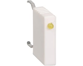 Sidevisning af Schneider Electric LA4KC1B diode med gul indikatorlampe og monteringsklemmer til 12-24V DC.
