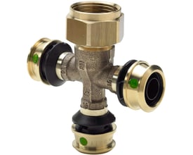 Viega Raxofix fordeler med 3 afgreninger og 16 mm tilslutning, fremstillet af rødgods med SC-Contur og indbygget støttebøsning.