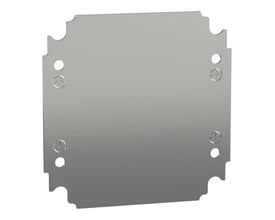 Nærbillede af Schneider Electric montageplade i stål, 200 x 200 mm, viser skruehuller og takkede kanter.