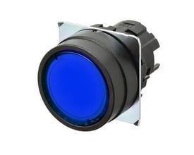 Omron A22NZ trykknap, Ø22 mm, med flad gennemsigtig blå betjeningsknap og sort plastramme.