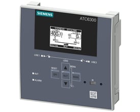 Siemens SENTRON 3KC ATC6300 overførselskontrolenhed med LCD display, viser 400V på LINE 1 og 0V på LINE 2.