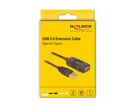 DeLock USB 2.0 Extension Cable, aktiv, 5 m, type-A til type-A, vist i sin gule detailpakke med produktinformation.