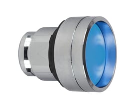 Schneider Electric ZB4 trykknaphoved i blå med krombelagt metalfrontring og sænket profil, Ø 22 mm, vist på hvid baggrund.