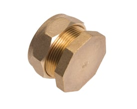 Conex kompressionsslutmuffe i messing til 28 mm rør med udvendig gevind, vist på hvid baggrund.