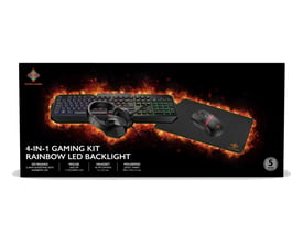 Deltaco GAM-174 gamingkit med headset, tastatur, mus og musemåtte vist på æskens forside.
