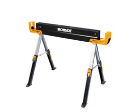 Ironside heavy duty-savbuk i sort, orange og gråt stål, vist udfoldet; maks. belastning 590 kg.