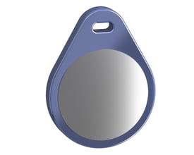 Schneider Electric RFID Ositrack tag nøglebrik i blå plast med en rund sølvfarvet RFID-chip og et nøglehul til ophæng.