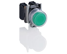 Schneider Electric ATEX lampetryk i grøn med LED, 240VAC og 1NO kontakt på hvid baggrund med refleksion.
