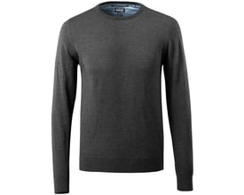 Mascot striktrøje i mørk antracit/lys grå-melange merinould med rund hals og ribkant ved ærmer og bund.