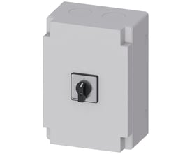 Grå Siemens 3-polet skifteafbryder på 63 A med sort drejeknap på fronten.