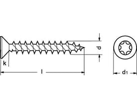 4,5X35 mm A2 spånpladeskrue med undersænket hoved og TORX20 kærv, vist med dimensioner.