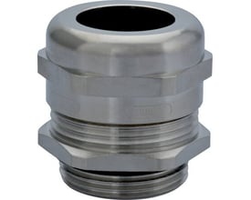 Rittal HSK-M-PG9 forskruning i messing, 4-8mm kabeldiameter, vist fra siden med hex-møtrikker.