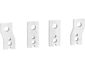 Fire identiske Schneider Electric spredere i metal med rund og firkantet åbning, vist fra siden mod hvid baggrund.