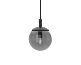 Svedbergs Globus LED-pendellampe med rund, røgfarvet glasskærm og sort ophæng, set lige forfra.