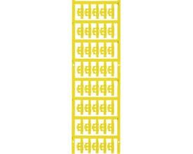 Weidmüller SlimFix Clip ledningsmærker i gul farve, vist på en strimmel med flere mærker klar til montering.