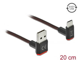 Sort Delock USB 2.0-opladningskabel på 20 cm med EASY-USB Type-A-stik og USB-C-stik, vist med begge stik.