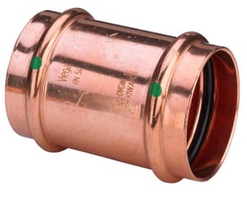 Nærbillede af Viega Profipress skydemuffe i kobber, 35 mm, med fokus på presdetaljer og grøn markering.