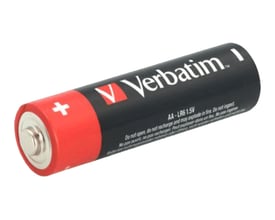 Et Verbatim Alkaline AA LR6 batteri på 1.5V, vist liggende med den røde pluspol og logo tydeligt.