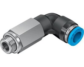 Festo vinkel-forskruning QSLL-G1/8-6 med udvendigt gevind, grå sekskant og sort drejelig kobling med blå Festo-logo.