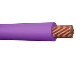 Nærbillede af violet PVT monteringsledning, 1x1 mm² H05V2-K, med synlig mangetrådet kobberleder og glat ydre isolering.