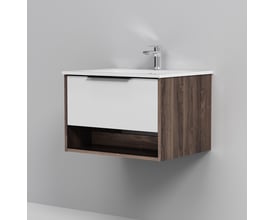 AM.PM Flash møbelpakke i hvid og mørkt træ, monteret på en grå væg, vist med hane og hvid vask fra siden.