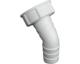 Hvid enkel slangeforskruning til opvaskemaskine og vaskemaskine i hvid plast med et vinklet udløb og en gevindtilslutning øverst.