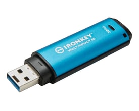 Kingston IronKey Vault Privacy 50C USB-C 128GB i blå metal med tydelig 'IRONKEY VAULT PRIVACY 50' tekst.