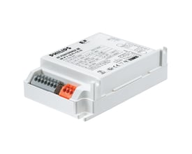Philips Lighting HF-P 2/18 PL-T/C III elektronisk forkobling i hvid, med grå og orange terminaler til tilslutning.