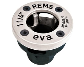 Vinklet billede af Rems Eva gevindskærehoved, der fremhæver den polerede ståloverflade og Rems logoet.