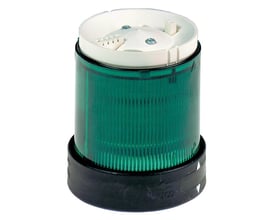 Nærbillede af Schneider Electric XVB lysenhedens top med monteringsdetaljer og den grønne linse.