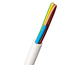 Nexans Kabel EXQ Easy 5G2,5 halogenfri installationskabel i grå med kobberledere og synlige farver: blå, brun og gul/grøn.