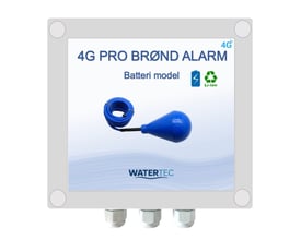 Watertec 4G PRO brøndalarm på batteri med grå styreboks og blå kegleformet niveauvippe med kabel.