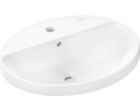 Detaljeret billede af Hansgrohe Xuniva D håndvasken med overløb og hanehul, fremstillet af hvidt porcelæn til nedfældning.